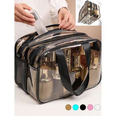 1pc PVC Transparent Cosmetic Bag, Handheld Toiletry Pouch, Makeup Bag, Travel Essential