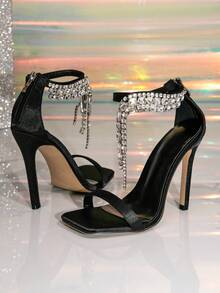 畅销水钻高跟凉鞋，单带露趾高跟鞋，法式小众设计，奢华高跟鞋，闪亮性感黑色凉鞋 - 黑色 - 查看 3