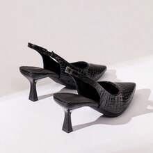 Giày cao gót mũi nhọn cài nút bằng da màu đen bóng, hở mũi, thời trang nữ Xuân/Hè 2026, kiểu dáng thanh lịch và thường ngày. - màu đen - Xem 6