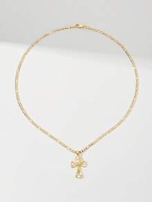 1pc Classic European & American Style Copper Inlaid Zirconia Small Hollow Cross Jesus Pendant Necklace, Limited Edition, Suitable For Christmas/Thanksgiving/Halloween/Mother's Day/Valentine's Day Gifts, Catholic First Communion, Daily & Holiday Wear, Prayer - Yellow Gold - View 6