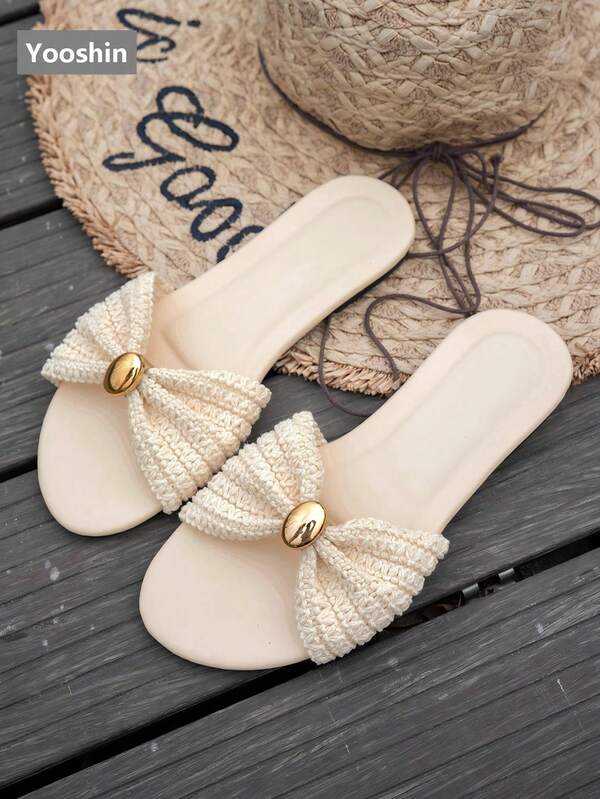 Damessandalen, platte ronde neus, brede pasvorm, frisse strikversiering, luxe gouden gesp, instapmodel, casual outdoor vakantiestijl, trendy strandslippers, reisbenodigdheden voor de zomer