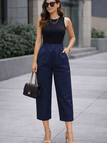 Pantalón dama mujer cintura elástica delgado y fresco para verano de moda casual unicolor - Azul Marino - Ver 3