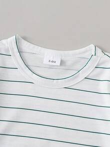 男婴条纹短袖连体衣和背带裤两件套，夏季 - 綠色 - 查看 4