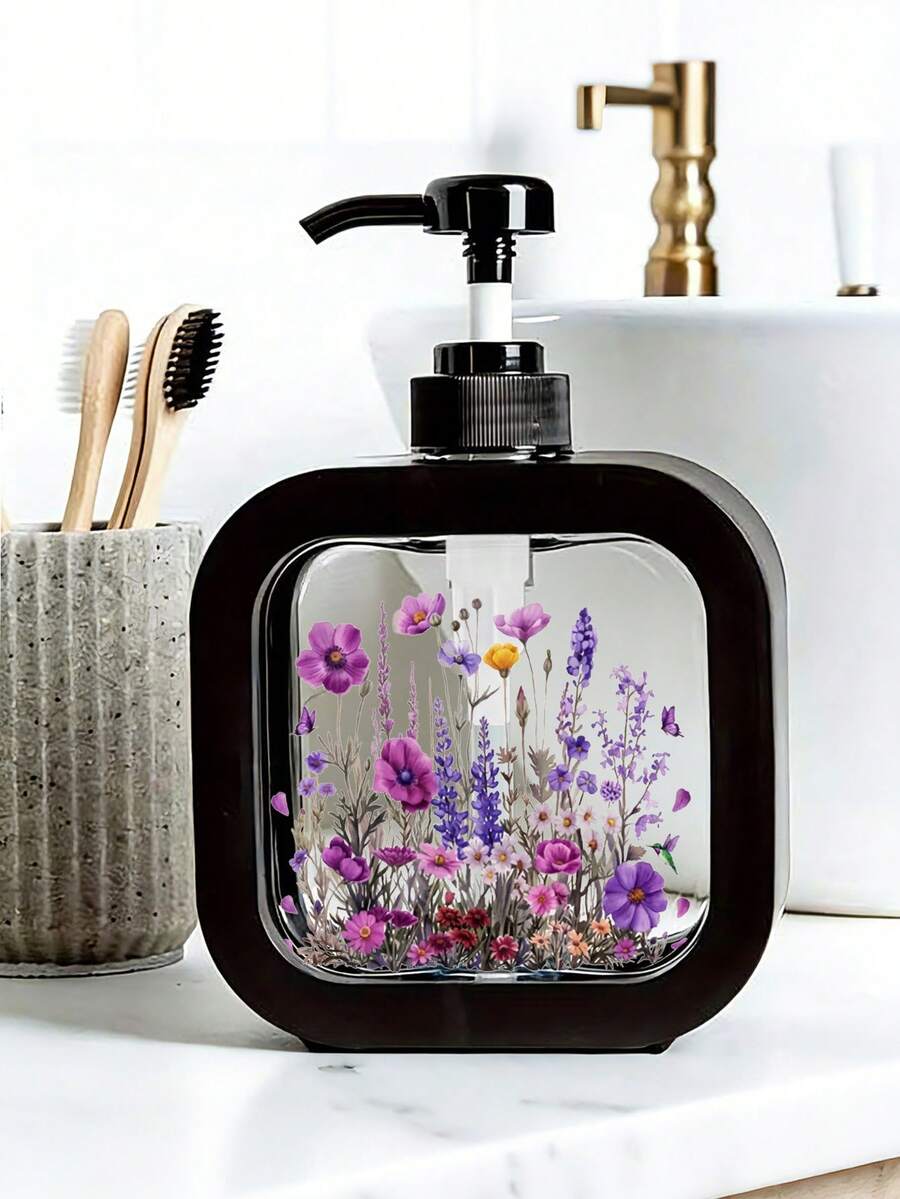 Vintage Floral Design Refillable Moisturizing Hand Soap Dispenser Bottle, Romantic Botanical Theme Bathroom & Kitchen Essential Liquid Soap Dispenser - Multicolor - View 1