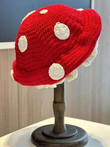 1 chiếc mũ len hình nấm dễ thương dành cho nữ, mũ beanie móc thủ công, kiểu dáng cổ tích Cô bé quàng khăn đỏ, ấm áp cho mùa thu/đông. - Đỏ - Xem 5