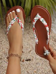 新款女士人字拖，休闲度假时尚平底凉鞋，多功能防滑沙滩人字拖 - 白色 - 查看 1