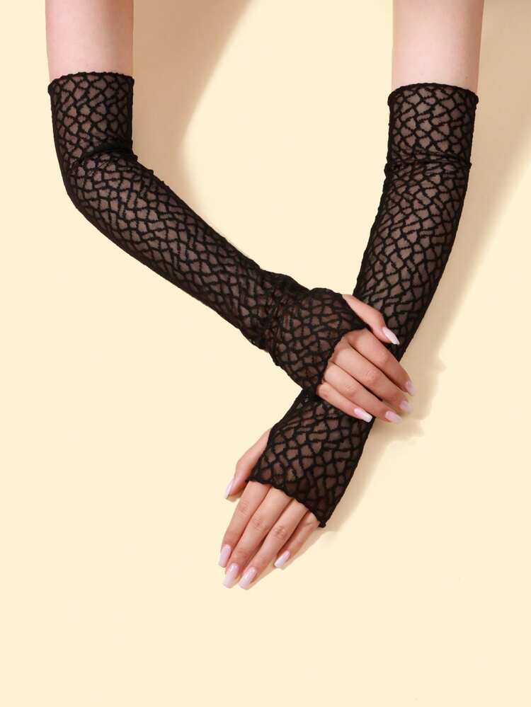 1pc New Fashionable Wedding/Holiday Sheer Lightweight Fingerless Long Elegant Mesh Gloves,Travel,Festival - Black - View 3