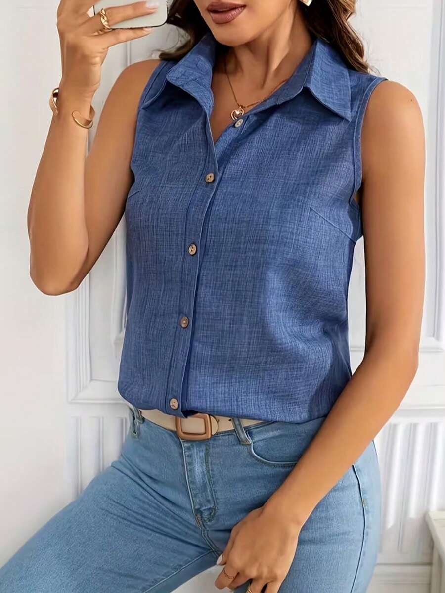 Áo sơ mi nữ không tay kiểu denim - Áo sơ mi cổ bẻ cài nút. Áo vest denim xanh dương kiểu dáng thường ngày cho mùa hè - Áo sơ mi không tay công sở. - Xanh denim - Xem 1