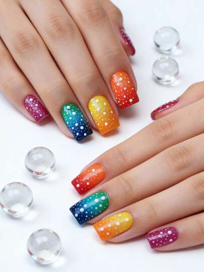 24 miếng dán móng tay ngắn họa tiết cầu vồng ombre chấm bi, móng tay vuông ngắn đầy màu sắc tươi tắn, làm trắng móng, phong cách ngọt ngào và cá tính, tiện lợi cho sử dụng hàng ngày, dự tiệc và các dịp lễ.