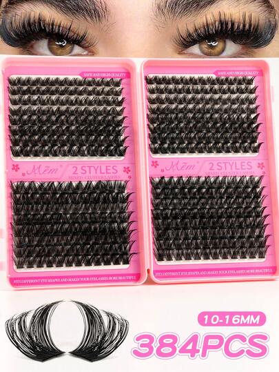 384 قطعة رموش صناعية فردية، كتب رموش، تمديدات رموش عنقودية، رموش صناعية لتمديدات الرموش العنقودية المنزلية DIY، عناقيد رموش للمكياج، رموش فردية، رموش صناعية مناسبة للسفر والاستخدام اليومي (مناسبة للمبتدئين) أو أي مناسبة