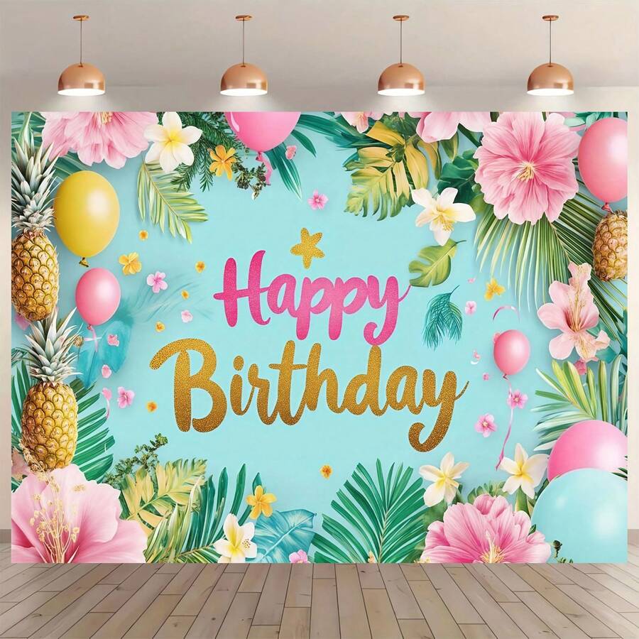 1 件热带花卉生日快乐背景布，以火烈鸟、棕榈叶和热带花卉为特色。非常适合主题派对装饰和生日派对用品，适用于蛋糕桌装饰、家居装饰、摄影背景、室内外派对横幅装饰和派对背景。 - 多色 - 查看 1