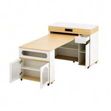 Kitchen Island With Wheels, Extendable Dining Table With Power Strips And Ribbed Glass, Sideboard With One Drawer, Serves As A Kitchen Island, Sideboard For Kitchen And Dining Room (White+Natural) - Khaki - View 8