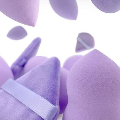 紫色多功能美妆蛋套装（4/8/16 件装），包含 3 种不同形状的三角形粉扑，亲水柔软无乳胶材质，适用于打造无瑕粉底、遮瑕和眼部轮廓，可重复使用且易于清洁。