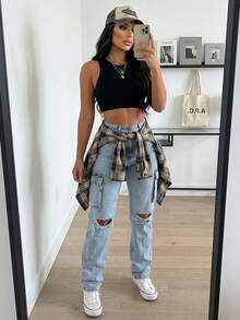 Jkorea Women's High Waisted Light Wash Cargo Jeans - Distressed Ripped Knee Straight Leg Utility Denim Pants - Light Wash - View 4