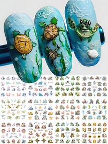 1张12款卡通可爱海龟夏季美甲贴纸，海洋动物海星水母珊瑚水转印美甲贴花水印美甲装饰美甲用品，适合女性及节日礼物 - 彩色 - 查看 5