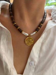 1件不锈钢圆形金鱼吊坠，配以木珠和不对称圆盘，18K镀金项链，防水百搭，女士适用 - 木串珠項鍊 - 查看 6