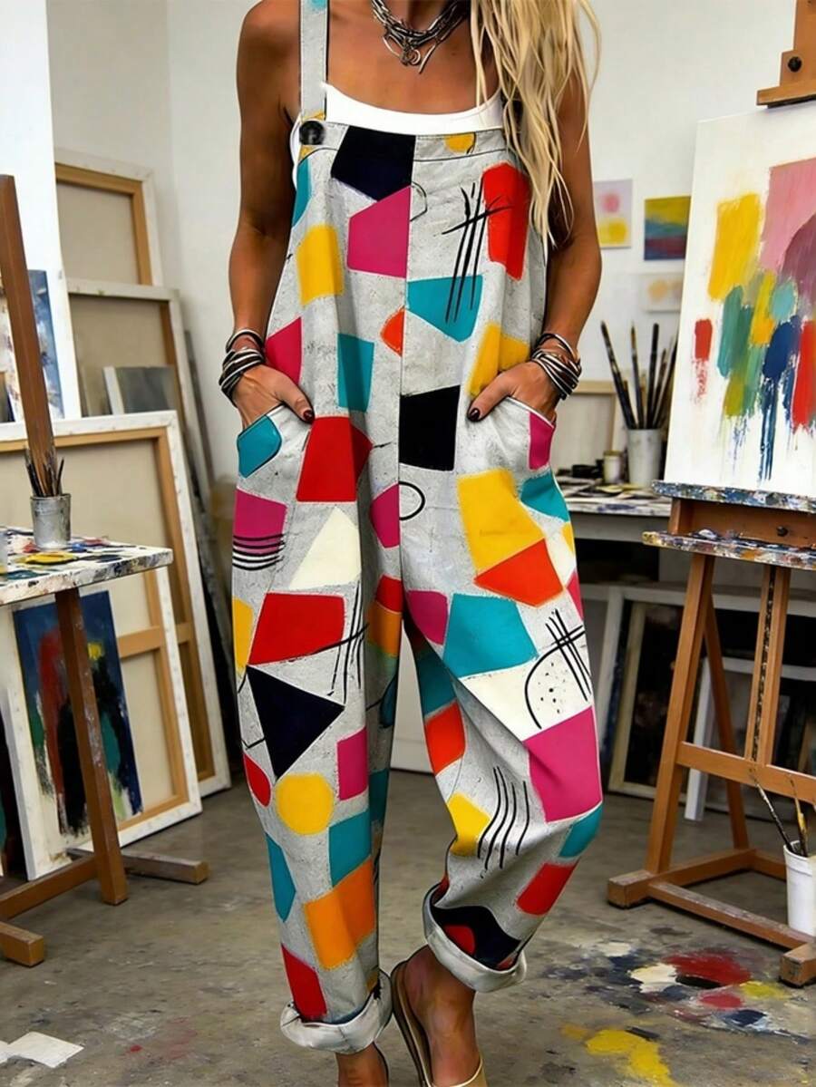 Abstract Geometric Color Block All-Over Print Women's Adjustable Strap Jumpsuit, Polyester Fiber Fabric, Lightweight And Breathable, Women's Clothing, Standard Size Jumpsuit, Plus Size Women's Clothing, Plus Size Jumpsuit And Romper, Plus Size Jumpsuit - 彩色 - 查看 1