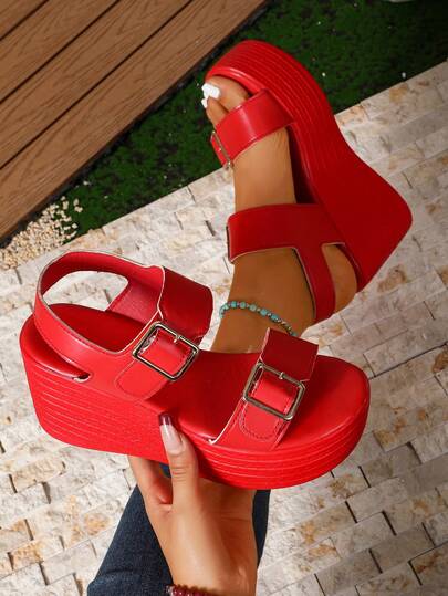 Women's Summer Bright Red Buckle Sandals, Fashionable Open Toe Minimalist Elegant Daily Wear, Thick Sole Comfortable Platform Wedge Heel,Wedge Sandals