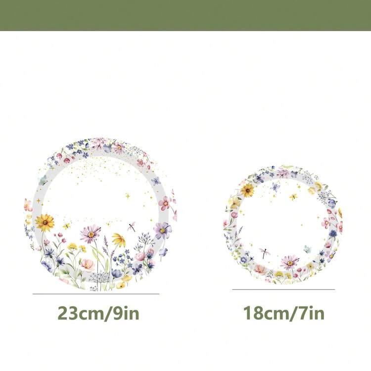 野花主题派对纸盘和餐巾套装，花卉图案一次性餐具，9英寸和7英寸花园派对纸盘配餐巾，适合婴儿派对、生日派对、新娘派对等场合装饰。 - 查看 7