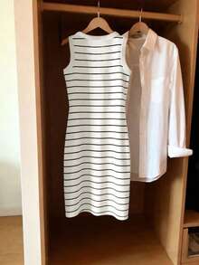 女士夏季服装，新款条纹印花圆领修身无袖连衣裙，春夏款 - 白色 - 查看 3