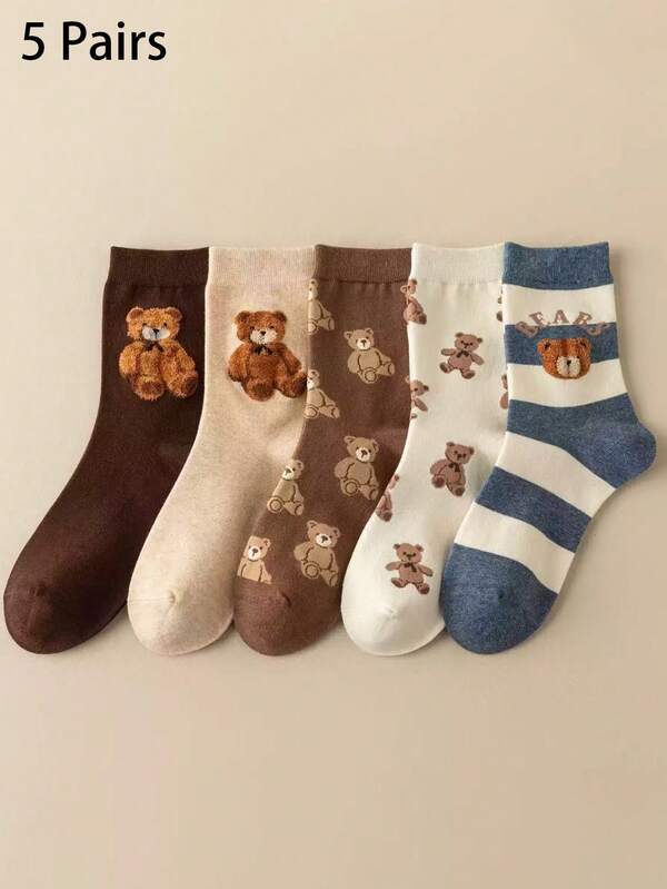 2/5 Pairs Random Women's Multicolor Socks Set, Featuring Plush Bear & Striped Patchwork Design, Breathable Knit Fabric, Casual Matching Couple Socks For Spring/Summer, Suitable For Home, Commute, Date, School, Holiday Gifts