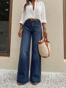 Nuevos pantalones vaqueros de pierna ancha de ajuste holgado y de alta calidad para mujer, cómodos para uso diario, para todas las estaciones, primavera - Negro - Ver 8