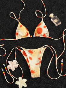 两件套全身印花性感露背系带女士泳衣比基尼，适合春夏季节在海滩、度假村、舞台和音乐会等场合穿着。 - 橘色 - 查看 2