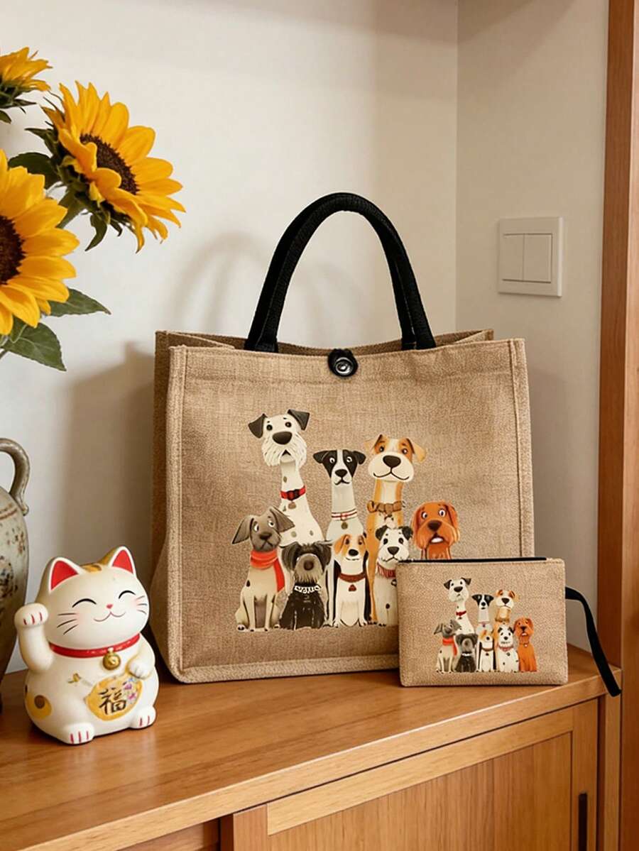 Linen Tote Bag With Cute Cartoon Dog Pattern, Yellow Linen Shopping Bag With Drawstring Cosmetic Pouch, Christmas Gift, Large Capacity Linen Handbag For Women, Perfect For Beach, Travel And Holiday Essentials - Khaki - View 1