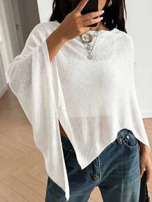 Mejors 新款春夏女士不对称披肩纯色 Y2K 风格蝙蝠袖针织短款上衣，轻薄斗篷式毛衣透视衬衫，适合海滩、派对、夏秋季穿着，白色 - 白色 - 查看 2