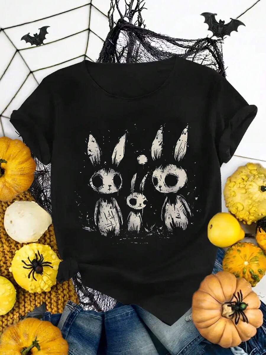 OVERSIZE Rabbit Family Cartoon Print Single Piece Multi-Color Women's Short Sleeve Stretch Top - màu đen - Xem 1