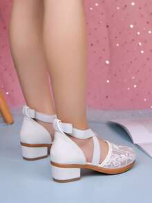Girls' Mesh Low Heel Shoes, Cross Ankle Strap Embroidered Mesh Mary Jane Shoes, Suitable For Party And Daily Wear - White - View 7
