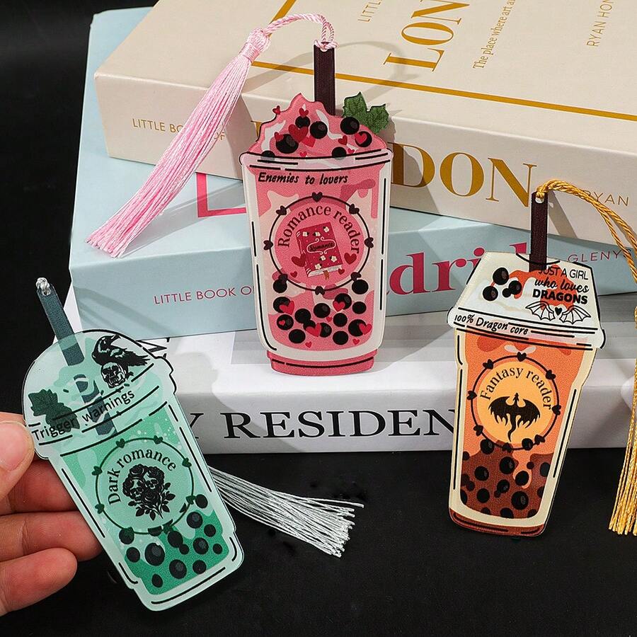 Fantasy Readers/Romantic Readers/Dark Romantic Themed Delicious Pearl Milk Tea Shaped Acrylic Colored Bookmarks, Cute Reading Page Design, Party Decorations, Reading Decorations, Learning Markers, Writing Helpers, Suitable For Book Lovers, Readers, Writers, Women, And Men.