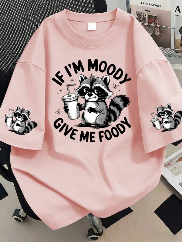 Áo thun cổ tròn in chữ và hoạt hình dành cho nữ cỡ lớn, thích hợp mặc thường ngày vào mùa hè hoặc dịp nghỉ lễ.