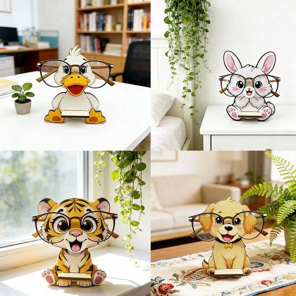 1 pièce Support en bois pour lunettes avec motif animal de dessin animé, décoration de bureau mignonne, accessoire pour la maison et le bureau, pièce décorative en bois pour ranger les lunettes, les bandeaux et les lunettes de soleil, parfait pour la table de chevet de la chambre, le salon, le bureau, ajoutant un charme adorable à votre espace, solution de rangement fonctionnelle et élégante