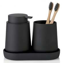 3 pièces Set d'accessoires de salle de bain, distributeur de savon, porte-brosse à dents, plateau, décoration minimaliste moderne pour l'organisation du comptoir de salle de bain - Noir - Voir 1