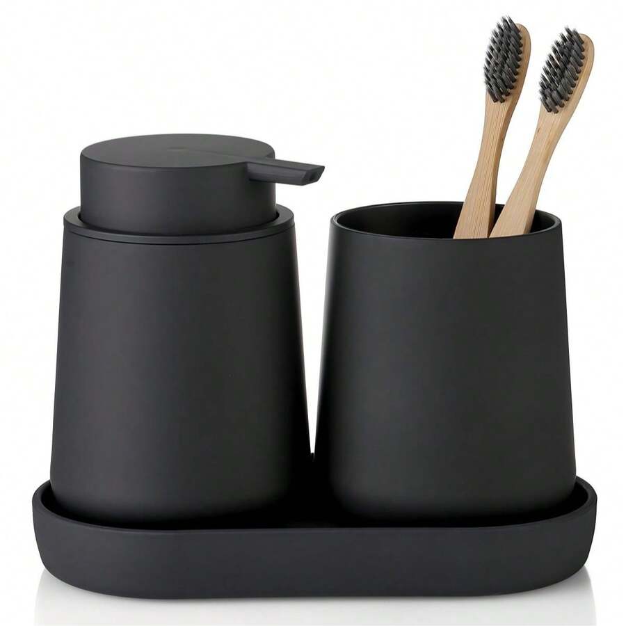 3 pièces Set d'accessoires de salle de bain, distributeur de savon, porte-brosse à dents, plateau, décoration minimaliste moderne pour l'organisation du comptoir de salle de bain - Noir - Voir 1