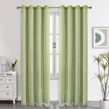 1pc Hollow Star Curtain, Polyester Lace Double-Layer Curtain, Darkening Curtain For Living Room & Bedroom, Cute Style - 淡綠 - 查看 33