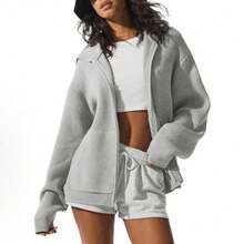 Alo Yoga Domain Rib Knit Full Zip Sweater - Premium Ribbed Knit Cardigan | Viral 2026 Women's Luxury Lounge Wear | Slim Fit Full-Zip Mock Neck Sweater | Comfortable Soft Daily Streetwear | Authentic Designer Knitwear Apparel - 淺灰色 - 查看 3