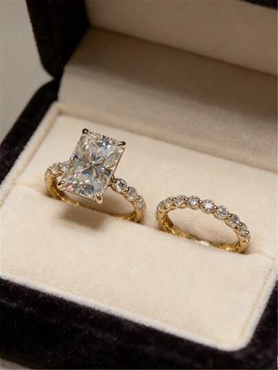 Bộ nhẫn cưới sang trọng, tinh tế, đính đá Cubic Zirconia cắt kiểu Princess, nhẫn xếp chồng ấn tượng, nhẫn đính hôn và nhẫn cưới cho nữ - Quà tặng sinh nhật, kỷ niệm - Thích hợp cho Ngày Valentine, mọi mùa, trang sức dự tiệc