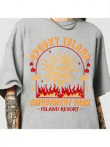 Spooky Island Amusement Park T-Shirt, Retro 2000s Halloween Movie Shirt, Disco Skull, Summer Spooky T-Shirt, 90s Nostalgia Halloween Tee For Halloween-Motion Tee - 淺灰色 - 查看 1