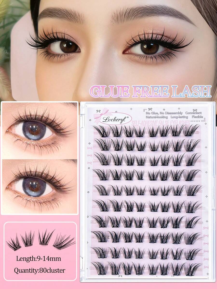 Lvcheryl 80 Cụm Mi Giả Tự Dính Hình Chữ C, Độ Dài Hỗn Hợp 9-14mm, Không Cần Keo, Hiệu Ứng Trang Điểm Mắt Cáo Tự Nhiên, Mi Giả Riêng Lẻ, Tự Nối Mi, Cụm Mi Đã Dán Sẵn Keo - C - Xem 1