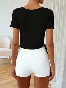 Women's Black V-Neck Wrap Short Sleeve Sweater, Fashionable, Elegant, Versatile, Fitted, Slimming Spring - Black - View 2