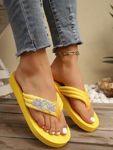 2026 Tongs d'été avec fleurs en strass pour femmes, sandales plateforme confortables, chaussures de plage mode et décontractées - Jaune citron - Voir 5