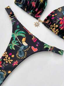 2026 Women's Beach Outfit, Tie-Up Halter Backless, Irregular Pattern Print Design, Metal Sun Pendant Decor, Elegant Bikini Two Pieces Suitable For Summer Beach Vacation, Beach Party And More - 黑色 - 查看 5