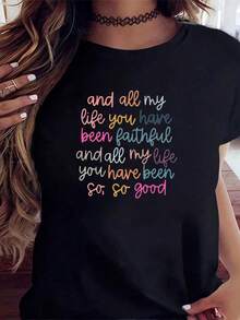 100% Pure Cotton Bohemian-Style T-Shirt With The Phrase "All My Life You Have Been Faithful And All My Life You Have Been So, So Good." Graphic T-Shirt With Christian Religious Quote For Women, Casual Top - 黑色 - 查看 2