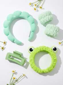 5pcs/Set Women's Daily Makeup Headband & Hair Clip Set, Cartoon Frog Headband, Cloud Headband & Frog Bracelet Headband Set - Mint Green - View 1