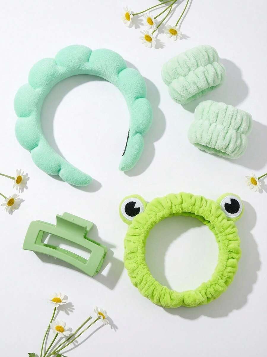 5pcs/Set Women's Daily Makeup Headband & Hair Clip Set, Cartoon Frog Headband, Cloud Headband & Frog Bracelet Headband Set - Mint Green - View 1