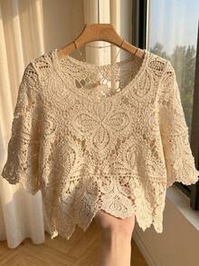 女士夏季波西米亚风镂空蕾丝衬衫 | 宽松短袖沙滩衬衫，适合度假、节日、度假村和音乐节穿着 - 杏色 - 查看 4