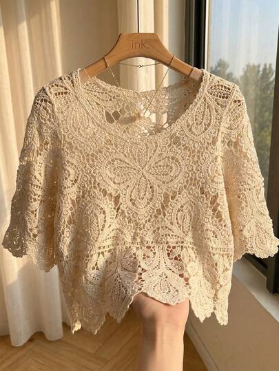 Blusa bohemia de verano para mujer con encaje calado | Camisa suelta de manga corta adecuada para vacaciones, festivales, resorts y festivales de música