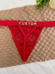 Quần lót thong chữ pha lê in tên tùy chỉnh, quần bikini ren cá nhân hóa cho nữ, quần lót tam giác T-Back, quà tặng cho bạn gái - Đỏ - Xem 8